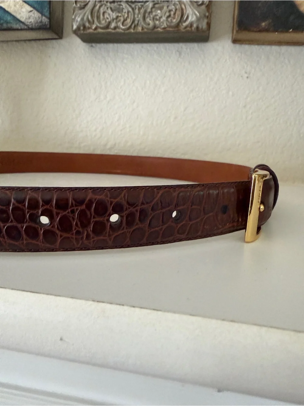 Ralph Lauren Brown Croc Embossed Leather Belt Gold Buckle Size Medium 37